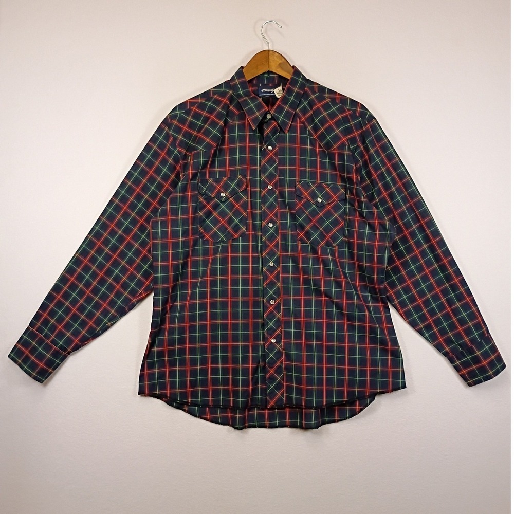 Westerncore Vintage Wrangler Mens XL Navy Red Plaid Pearl Snap Western Shirt